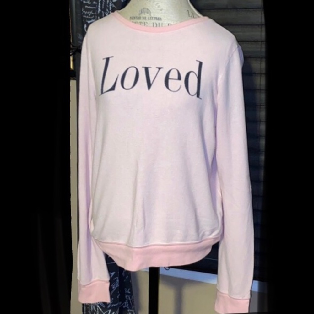 WILDFOX “LOVED” GRAPHIC  LONG SLEEVE PINK CREWNECK TOP SIZE LARGE